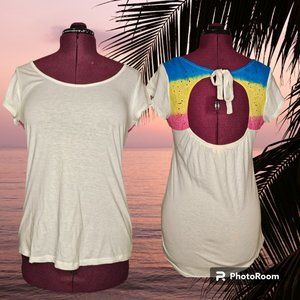 OP Ocean Pacific Peekaboo Tie Back Colorful T-Shirt Summer Junior Size XL EUC